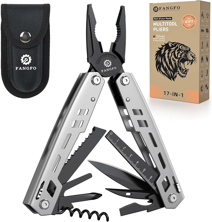 Multitool 17-in-1 Stainless Steel Multi Tool with Pocket Knife Needle Nose Pliers Bottle Opener Screwdriver Self-Locking Professional Multi-Tool for Outdoor Survival Gifts for Men((Silver)