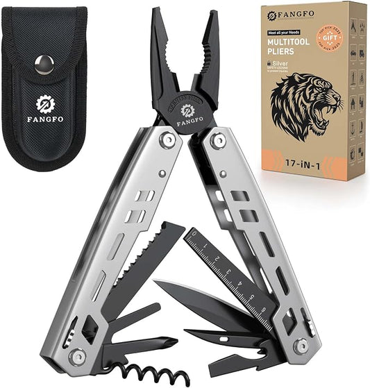 Multitool 17-in-1 Stainless Steel Multi Tool with Pocket Knife Needle Nose Pliers Bottle Opener Screwdriver Self-Locking Professional Multi-Tool for Outdoor Survival Gifts for Men((Silver)