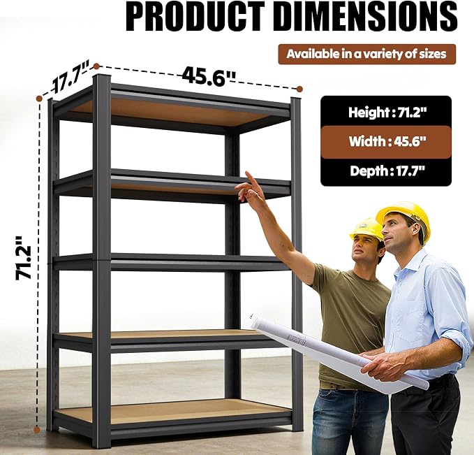 3-Pack 71.2"H Storage Shelves, 5 Tier Adjustable Wood Garage Shelving, Utility Tall Metal Shelving Unit, Easy to install Standing Garage Storage for Warehouse,Bedroom,Basement,45.6"WX17.7"DX71.2"H