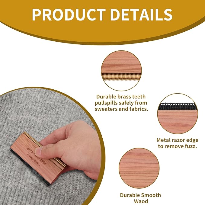 Cashmere Comb – 100 x 44 x 10mm Multi-Fabric Shaver for Clothing – Durable Cedar Wood Comb with Metal Pick – Easy to Use and Portable Fiber Cloth Pilling Remover Ideal for Sweaters, Fuzz