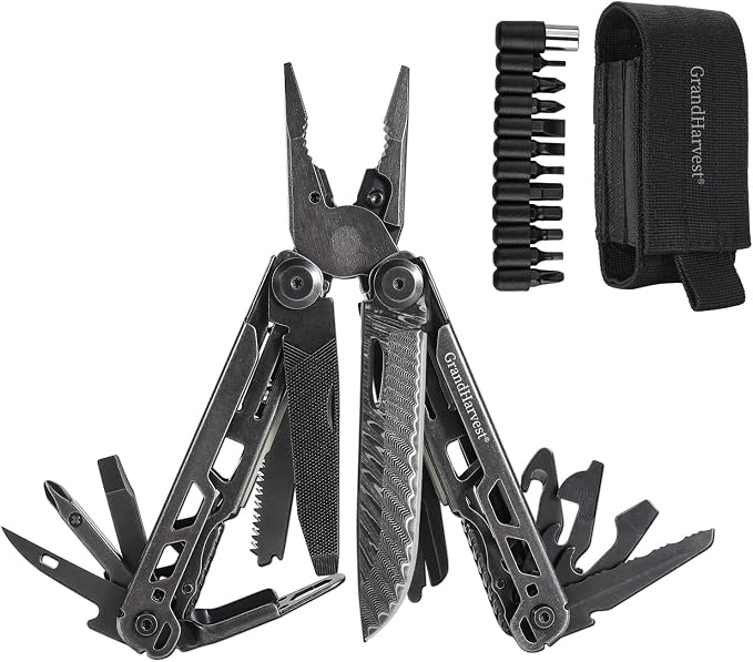 GrandHarvest Multitool, 25-in-1 Spring Loaded Pliers Multi Tool, Each Tools with Safety Lock-Stainless Steel Multi-Tool, Propylene Sheath, Survival Gear for Camping, Hiking, Multi Plier, Pocket Knife