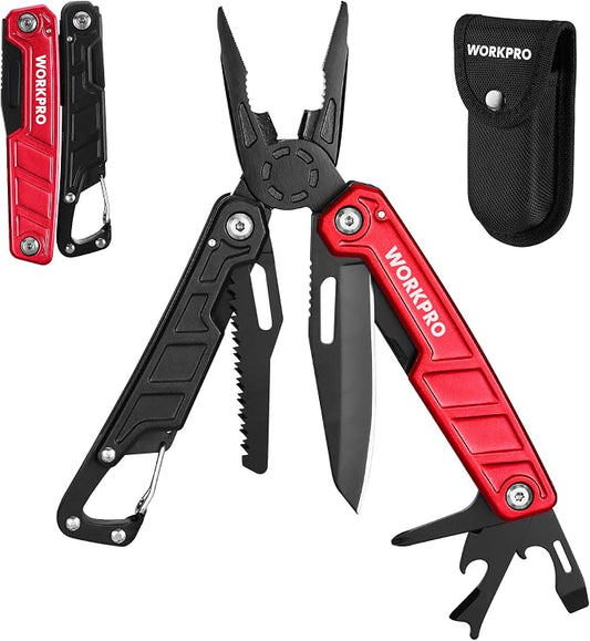 WORKPRO 11 in 1 Multitool Pliers with Pocket Clip and Sheath | EDC Multi Tool Knives with Safety Lock-Pocket Knife with Screwdriver Saw Blade Wire Cutter and Bottle Opener-Red