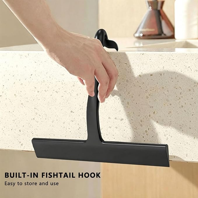 Shower Squeegee for Glass Doors, Bathroom Squeegee Set of 2 (Size 8.3"+9") | Hang Anywhere Silicone Shower Squeegee with Hook Design for Glass, Tile Wall, Mirror, Window, Streak-Free Cleaner Tool,Black