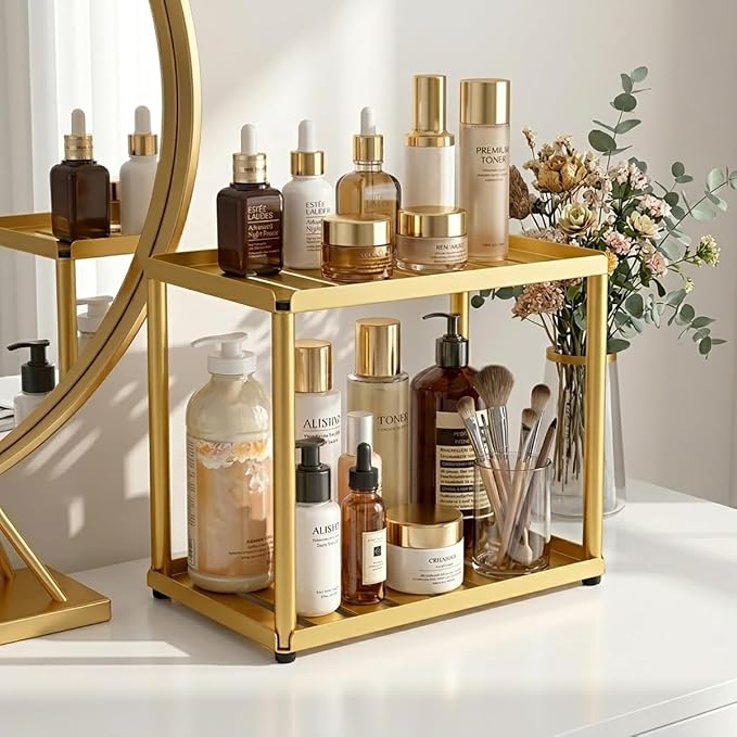 2 Tier Bathroom Counter Organizer, Rectangular Vanity Organizer Shelf, Skincare and Makeup Countertop Storage Rack for Kitchen, Bathroom, Bedroom (Gold)