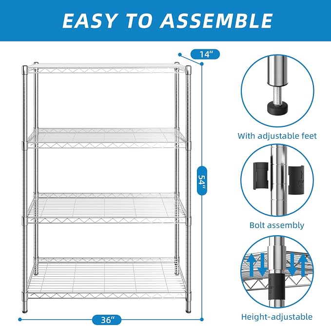 Guan River 4-Shelf Adjustable Metal Wire Shelving,Chrome,36"L x 14"W x 54"H | Height Adjustable,Sturdy and Durable,Storage Sehlf Display Rack for Office,Kitchen,Bedroom,Bathroom,Garage