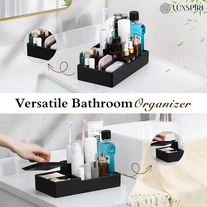 Luxspire Bathroom Counter Organizer with Lid, 6 Slots, Matte Black | Bathroom Vanity Organizer, Bathroom Organizer Countertop for Cotton Ball, Q-Tips, Floss