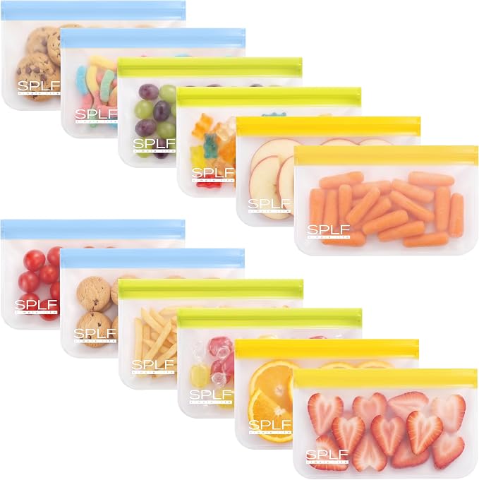 SPLF 12 Pack Dishwasher Safe Reusable Snack Bags, BPA Free Storage Bags, Extra Thick Leakproof Freezer Bags Silicone and Plastic Free Lunch Bags Food Storage