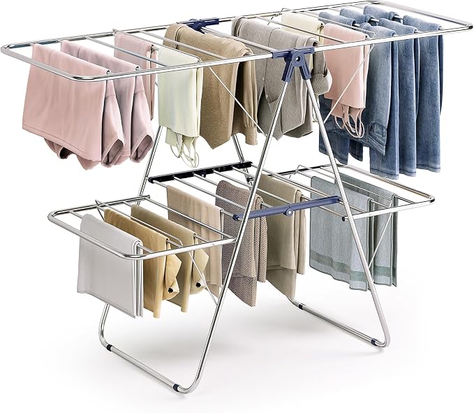 APEXCHASER Large Stainless Steel Clothes Drying Rack, Generous Drying Area | Foldable 2-Level Drying Rack Clothing, Free-Standing Laundry Airer, with Height-Adjustable 4 Wings, Matte Blue