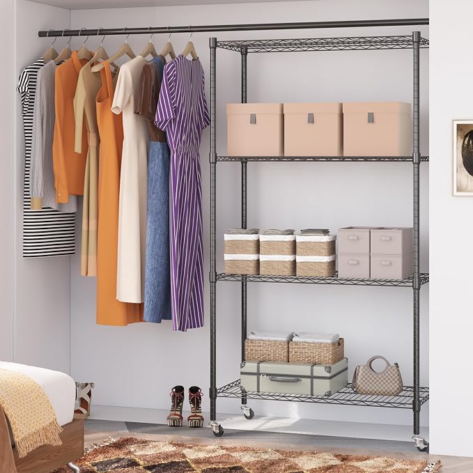 Homdox Heavy Duty 4-Tier Metal Shelving Unit with Adjustable Shelves, Rolling Storage Rack for Kitchen, Garage, Pantry, 36.02"x17.91"x74.41", Black