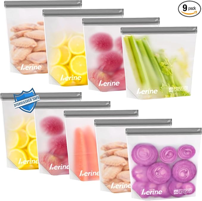 Lerine 9 Pack Reusable Freezer Bags Stand-Up Dishwasher Safe, BPA-Free Reusable Gallon Freezer Bags, Leakproof Food Storage Bags for Meat Vegetables Bread Travel (Gray, 9Gallon)