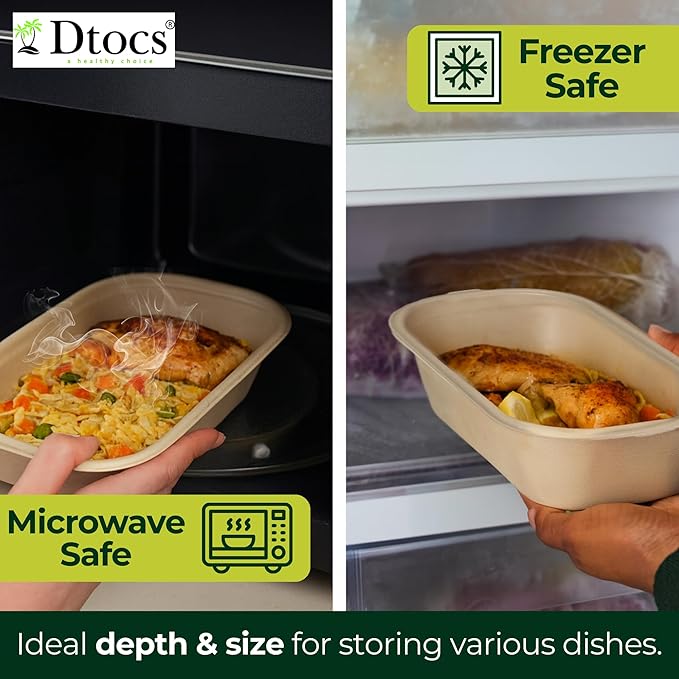 Dtocs Premium Disposable Meal Prep Containers with Lids (Pack of 50), 500 mL (17oz) | Heavy Duty Bamboo Fiber To Go Food Containers – Leak Resistant, Microwave & Freezer Safe