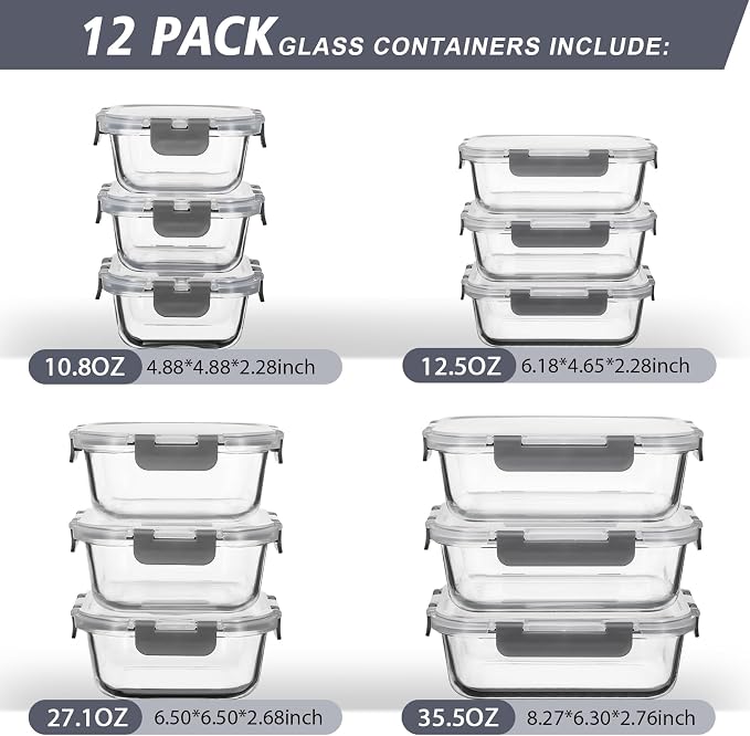 AILTEC 12 Pack Glass Food Storage Containers with Lids, Glass Meal Prep Containers Set with Leak Proof Lids, Airtight Lunch Container for Kitchen, Microwave, Oven, Freezer, Dishwasher Safe, Bpa free