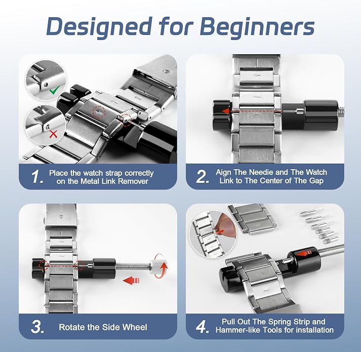 Jorest Watch Link Removal Tool, Watch Band Tool Kit, Tool for Watch Bracelet Adjustment and Replacement and Resizing, with Doubled-Ended Pin Punches，6Pcs Spare Needle, 2 Hammer-Like for Installation