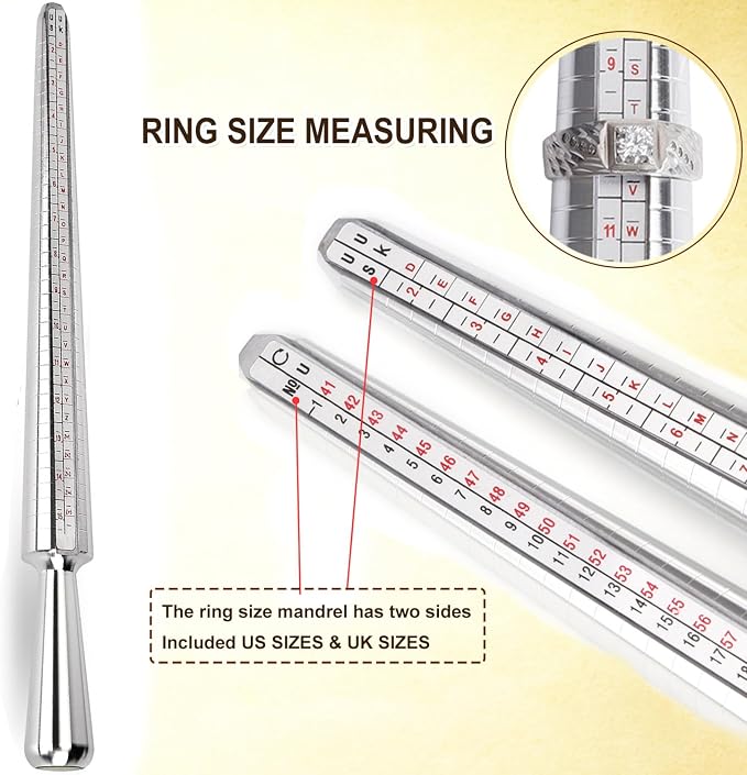 Ring Sizer Measuring Tool Metal Ring Mandrel and Mallet for Ring Making Ring Size Measurer Ring Shaper to Fix Bent Rings Jewelry Sizing Reshaper Repair Kit with Hammer (12-Ring Sizer Tool)