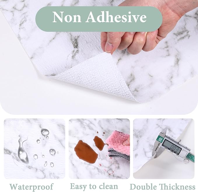2-Layer Drawer and Shelf Liner for Kitchen Cabinet: 17 in X 39 Ft Non Slip | Waterproof Shelf Paper Non Adhesive Refrigerator Liners White Marble Easy Liners for Bathroom with Knife Tape Measure