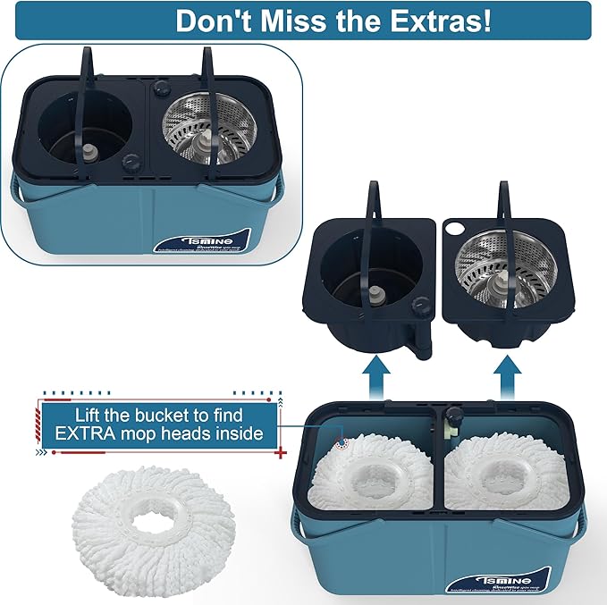 Gen 1 Large-Capacity Spin Mop and Bucket – for Big Homes & Deep Cleaning Days,4-Chamber System Separates Dirty & Clean Water, 2-GAL Heavy-Duty Design with Wheels & 10 Refill Mop Heads - Blue/Grey