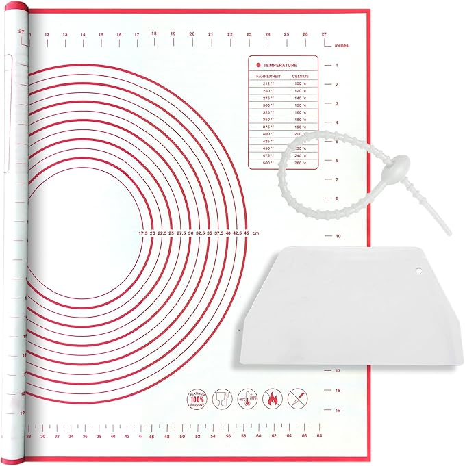 Silicone Baking Mat Super Large, 32x24 inch Silicone Pastry Non Stick Kneading Mat with Cable Ties and Dough Scraper, Measurement Food Grade Silicone Mat for Rolling Dough