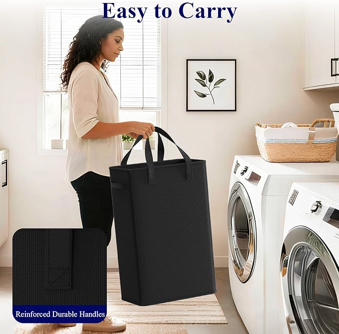 Optish 50L Slim Laundry Hamper, Small Laundry Basket With Handles, Black Narrow Laundry Basket for Dorm, Bedroom, Living Room, Collapsible Laundry Hamper