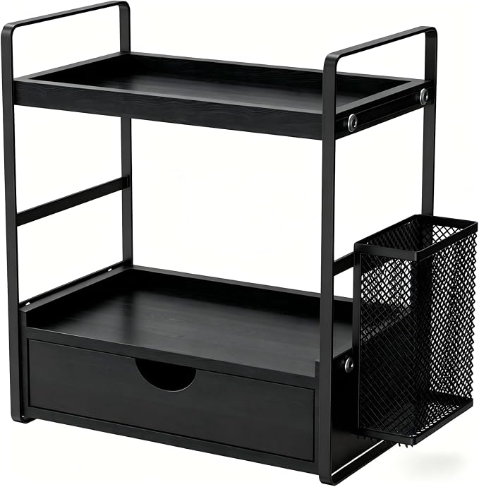 LEMIKKLE Bathroom Counter Organizer with Basket, Bathroom Organizers and Storage,Skincare Organizers for Vanity,Storage Organizers for Bathroom, Kitchen, Dresser (Black with Drawer)