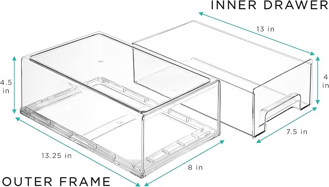 Sorbus Medium Clear Storage Drawers (2 Pack) – Stackable Organizer Drawers for Fridge, Pantry, Kitchen – Pull-Out Storage Bins with Handles, Slide Out Acrylic Drawers