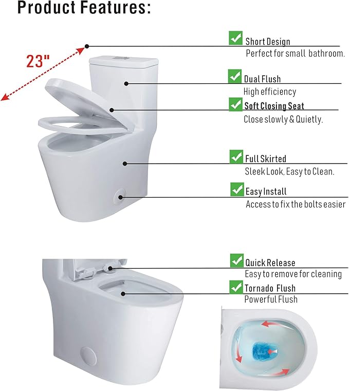 WinZo Small Toilet One Piece Deisgn With Black Push Button Dual Flush,23 inch Length for Tiny Bathroom,White with Black Button