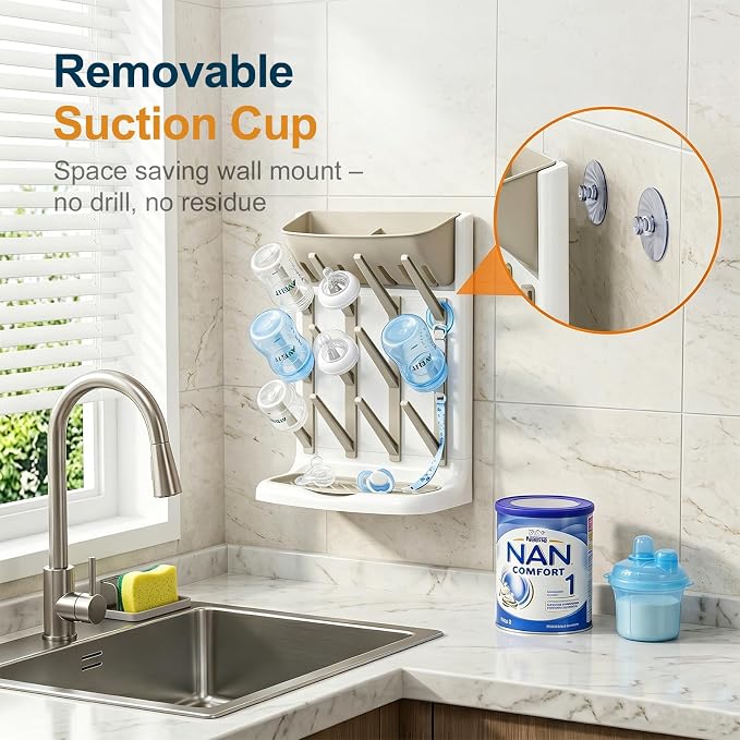 GoMaihe Baby Bottle Drying Rack: Space Saving Vertical Bottle Dryer Holder | The Large Top Compartment Storage Stand Organize Brushes Pacifiers on Countertop - BPA-Free - Gray