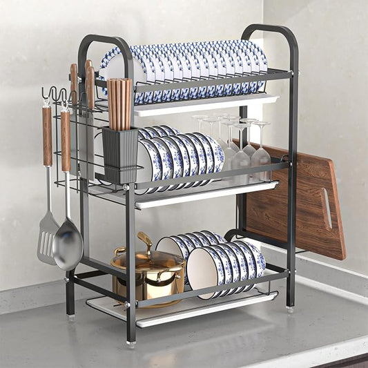 Dish Drainers for Kitchen Counter, 3 Tier Large Dish Drying Rack with Drainboard & Utensil Holders Carbon Steel Dishes Drying Rack for Kitchen Counter Storage