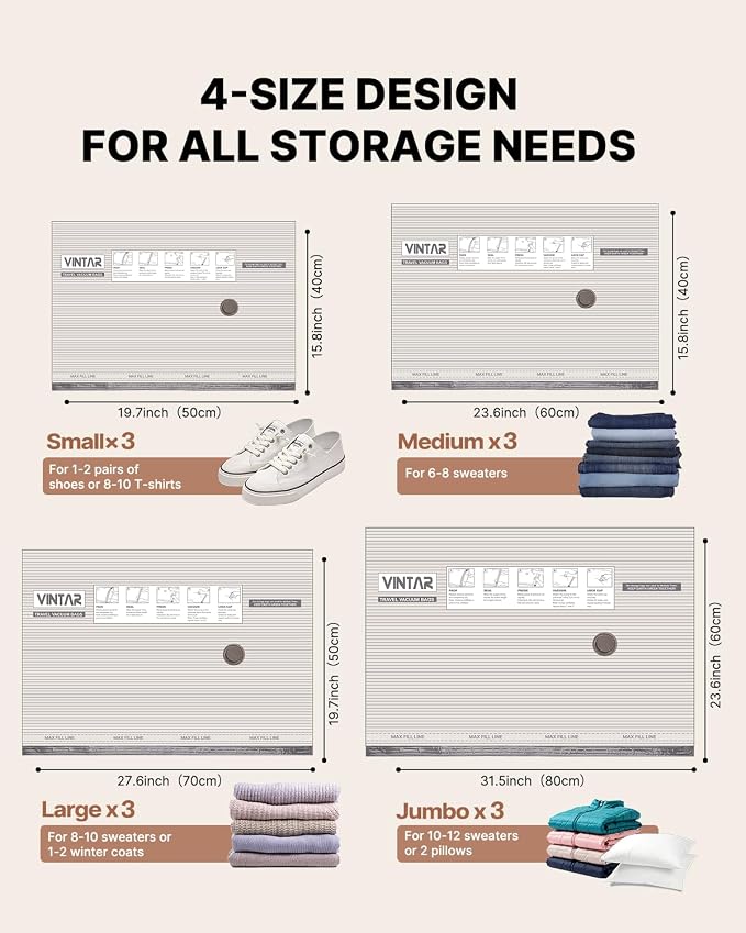 VINTAR 12 Pack Vacuum Seal Bags for Clothing Travel with Wireless Pump | Rechargeable Cordless Pump, Triple-Seal Leak-Proof, 12-Pack 4 Sizes (3J+3L+3M+3S) for Travel Luggage, Suitcase, Home Storage