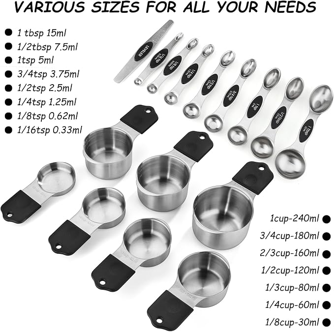 Magnetic Measuring Cups and Spoons Set of 16 Includes 7pcs Stainless Stee Stackable Nesting Magnetic Measuring Cup 9pcs Magnetic Measuring Spoon for Dry and Liquid Ingredients