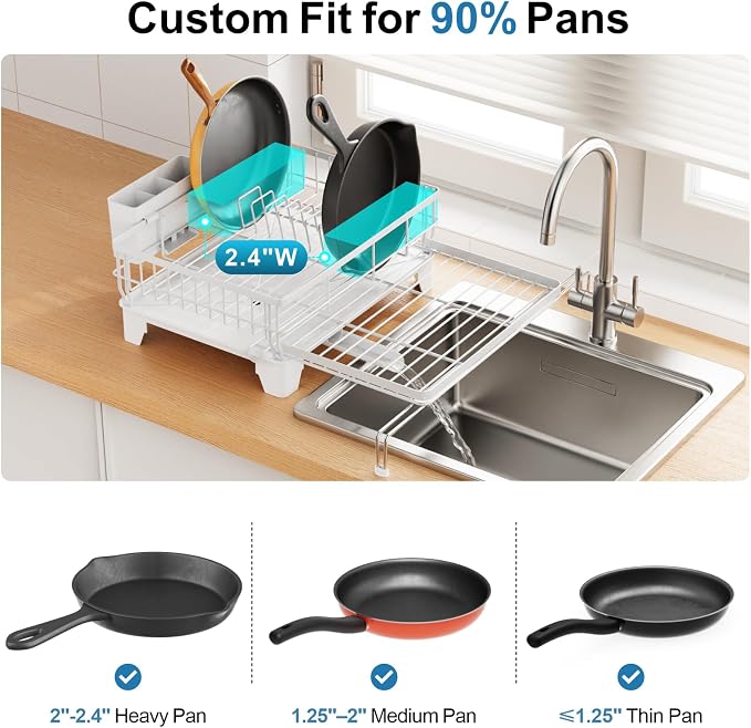 GSlife Expandable Dish Drying Rack for Kitchen Counter, Large Capacity 2-in-1 Rust Resistant Dish Drainer with Swivel Spout and Pull Out Over Sink Extension, 16.7" W x 12.6"-22.4" L, White
