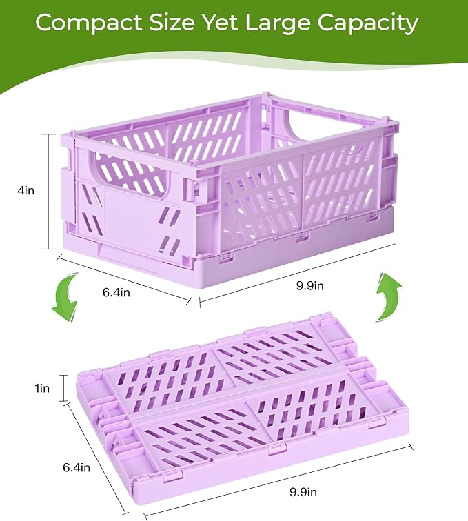 HUUSMOT 4-Pack Collapsible Plastic Storage Baskets, Purple, 9.8"x6.5"x3.8" | Pastel, Space-Saving, Collapsible Plastic Bins, Cute Mini Storage Crates, for Classroom, Kitchen, Office, Bedroom
