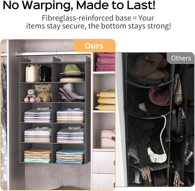 5 Tier Hanging Closet Organizer, Dual Row Wardrobe Storage with Hooks, Grey | 158.3L Extra-Large Closet Storage, Strong Hooks & Thick Fabric Hold Heavy Garments, Foldable Design Saves Closet Space.