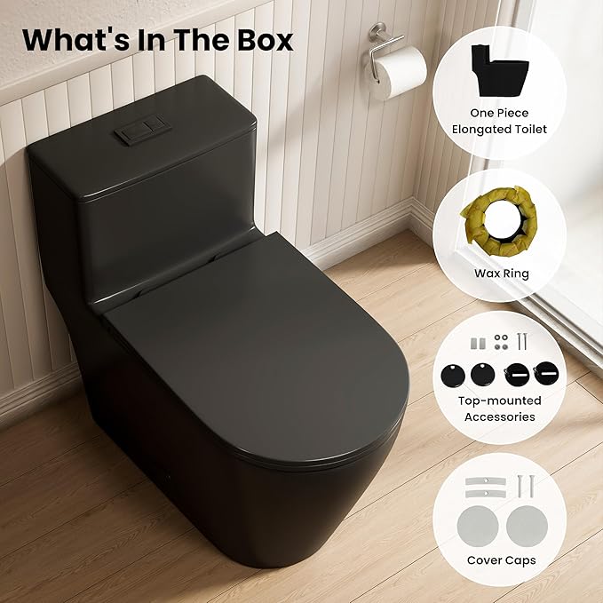 Casta Diva Elongated One Piece Toilet Black with 17" ADA Comfort Chair Height Seat Compact Toilet for Bathroom Power Dual Flush 1.1/1.6GPF & MAP 1000g, 12'' Rough-in, Matte Black
