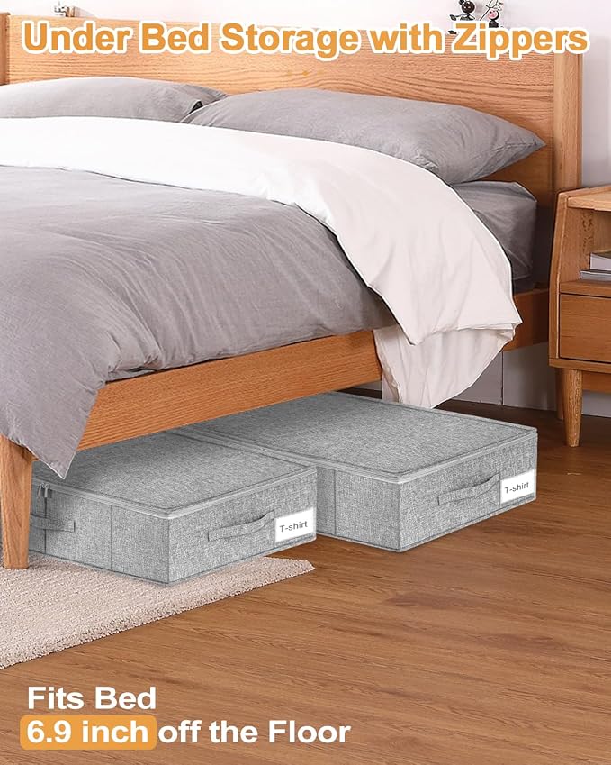 punemi Under Bed Storage, 3 Pack Underbed Storage Container Bags With Lid, Foldable Sturdy Clothes Storage Drawer Organizer W/ 3 Handles, Ultra Thick Fabric Blanket Shoe Storage Box, Grey | Rigid Sides & Bottom, 50L Large Capacity for Evening Gowns & H...