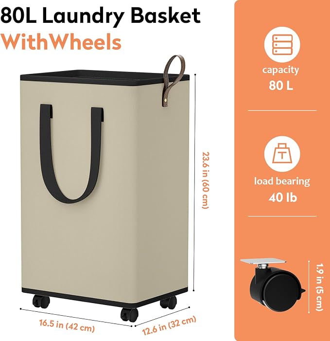 SpaceTrove Rolling Laundry Basket with Wheels, Laundry Hamper, 80L, Beige | Collapsible, 4 detachable wheels including 2 with brakes, sturdy handle, metal frame, for dorms, bathrooms and bedrooms
