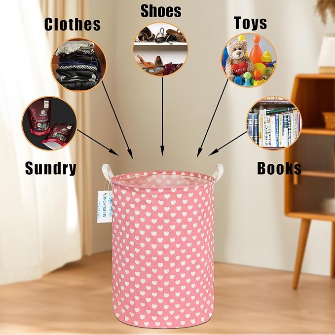 Round Laundry Basket Collapsible Storage Hamper Organizer Pink Heart | Waterproof Canvas Foldable Baskets with sturdy Handles Multi-scene Organizer for Home Play Bedroom Gift Bin