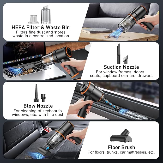 KMM Handheld Car Vacuum Cleaner, 9000PA Hand Held Vacuum & Air Duster | 120W High Power, Portable, Cordless, Rechargeable, Multi-Nozzles & LED Light, For Home, Car, Office