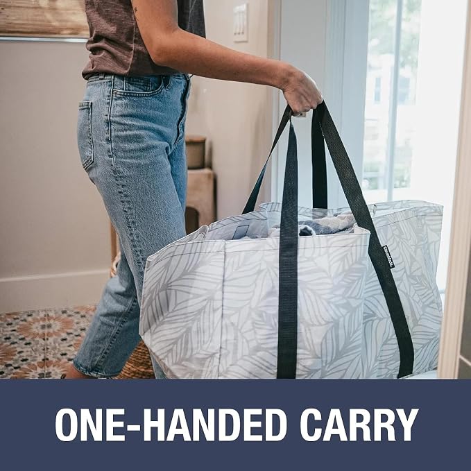 CleverMade XXL Storage Basket Tote, 76L, 2 Pack, Transparent | Open tops speed loading for groceries, laundry, or beach gear. Reinforced handles manage big loads, then bags fold flat.