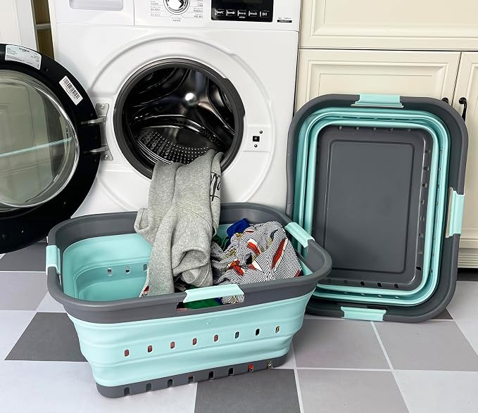 SAMMART 42 (11 Gallons) Collapsible Plastic Laundry Basket, Foldable Pop Up Storage Container/Organizer, Space Saving Hamper, Portable Bin for Dorm Room Bathroom (2, Grey/Lake Green)