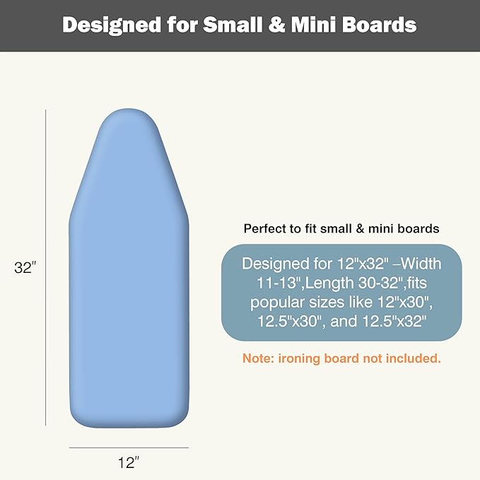 UniSimp Small Ironing Board Cover and Pad 12"x32" Small Iron Board Cover with Padding, Tabletop Mini Ironing Board Cover and Pad Small Size, Cotton Canvas, Heat Resistant, Drawstring Closure Blue