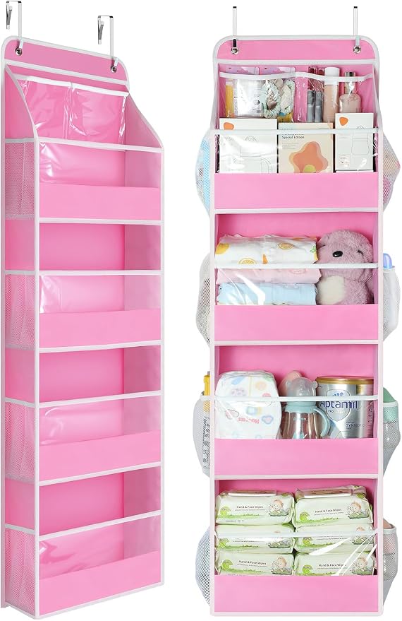 Yecaye 5 Tier Over the Door Organizer, Swing-proof Door Organizer Hanging with Clear PVC Windows, Behind the Door Storage for Bedroom Nursery Closet Laundry Pantry Bathroom, Pink