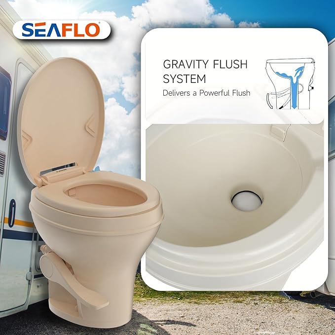 SEAFLO Bone RV Toilet, Residential Height 18.4", Gravity Flush Foot Pedal, Soft Close Seat, Camper Toilet for RV Motorhome Travel Trailer, Parchment, SFRTPH-02-01, 4-Year Warranty
