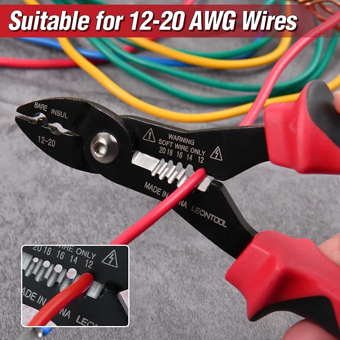 4-in-1 Multi Purpose Electricians Pliers, TPR Handle | 7" Compact Wire Stripper Cutter Crimper Gripper, Tapered Head, Cr-V Steel, for 12-20 AWG Insulated & Non-Insulated Wires