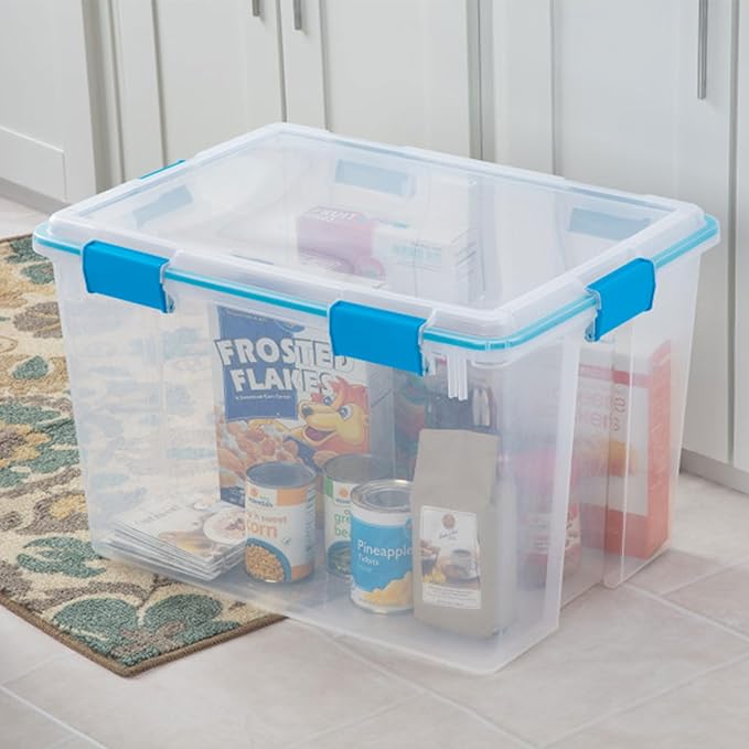 Sterilite Gasket Storage Box with Lids for Home & Office, 80 Quart, 16-Pack | Heavy-Duty, Stackable, and Organizing Containers for Bathroom, Cabinet, Closet, and Garage, Clear and Blue Aquarium Latches