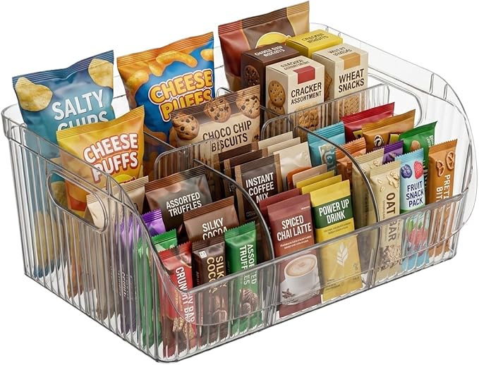 Large Snack Chip Bag Organizer for Pantry, 6-Compartment Snack Chip Storage Containers with Dividers, Pantry Organizers Storage for Chip and Snacks Organizer for Pantry Office Cabinet