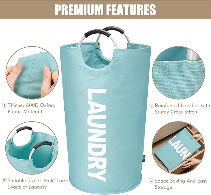 DOKEHOM 90L Large Laundry Basket Bag, Collapsible Tall Hamper, Light Blue | Freestanding tall washing bin & foldable laundry bag. High-capacity clothes storage basket with durable sturdy handles