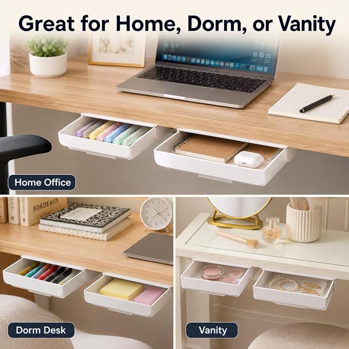 YOOUSOO 2 Pack Under Desk Storage Drawer Organizer Self Adhesive | Hidden Slide Out Drawer Attachment, with Self - Adhesive Feature for Desktop and Table Organization, Hidden Under Desk