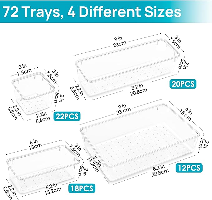 Vtopmart 72 PCS Clear Plastic Drawer Organizers Set, 4-Size Versatile Bathroom and Vanity Organizer Trays, Non-Slip Storage Containers for Makeup, Jewelries, Bedroom，Kitchen Utensils and Office