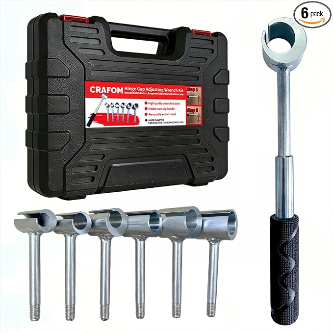 Door Hinge Adjustment Tool, 6 in 1 Toolkit Door Hinge Repair With Box,Hinge Adjuster Tool, Hinge Gap Adjustment Wrench Tool Set, Hinge Bender Tool, 6 Replaceable Heads Sagging Door Hinge