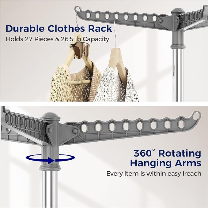 KINGBOARD Clothes Drying Rack, 59" H Laundry Drying Rack, 3 Rotatable Arms | 360° Rotatable Arms, 27 Hanger Holes, Stainless Steel, Tool-Free Setup, Portable for Travel & Small Home, Indoor, 27lbs Hold